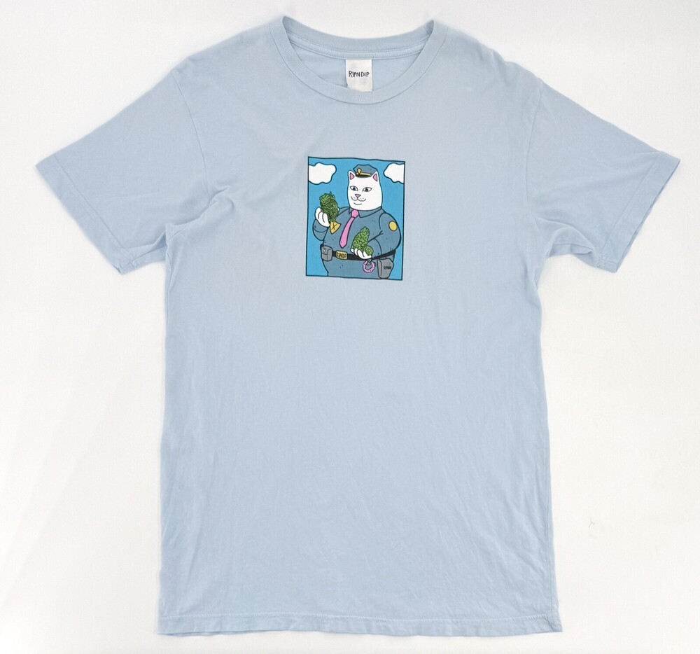 RIPNDIP Shirt Mens Medium Blue Police Cat Graphic Tee Streetwear Confiscated